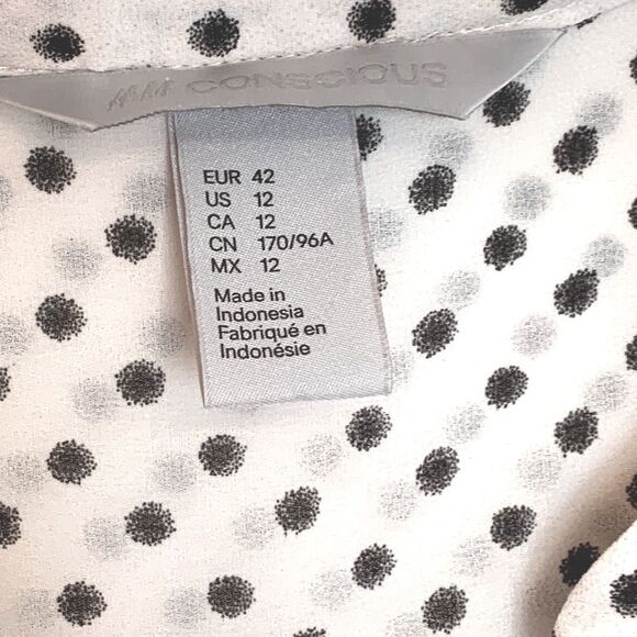 H&M | Pleated Semi-sheer Women’s White Black Polka Dot Blouse Top - Picture 4 of 8